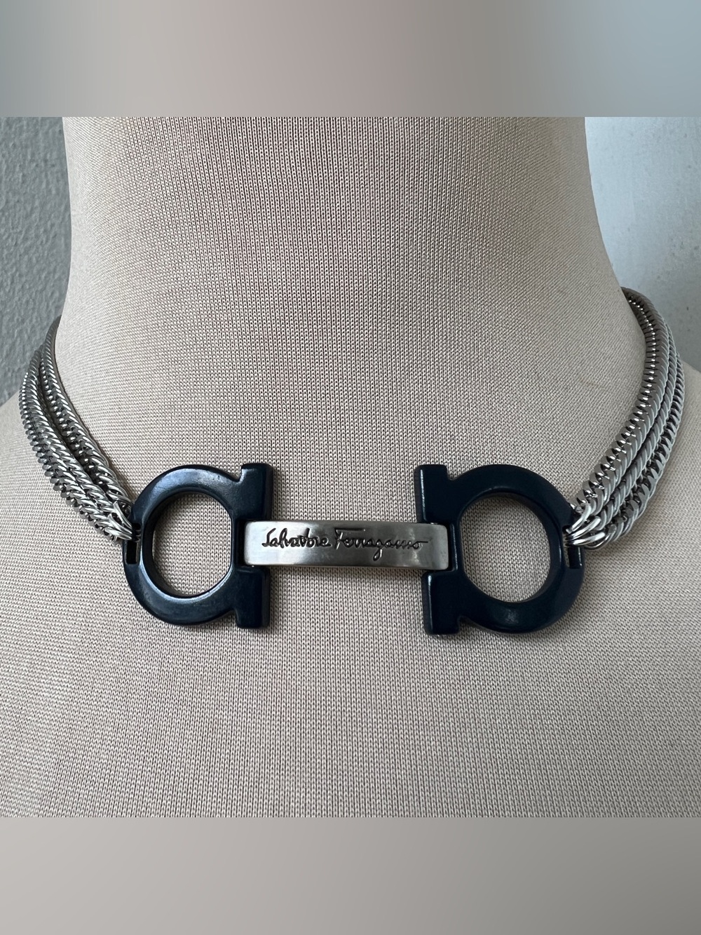 Custom Vintage Ferragamo Necklace Silver Navy Horsebit Choker 14.5-16”